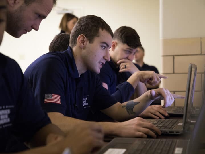 Military veteran participates in an online training